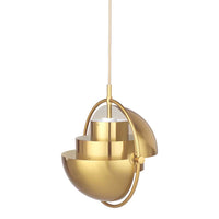 Gold pendant light with a sleek, modern design featuring layered, circular shapes and a smooth finish.