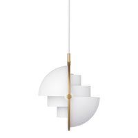 Modern pendant light featuring a sleek white geometric design with gold accents. Perfect for contemporary decor.