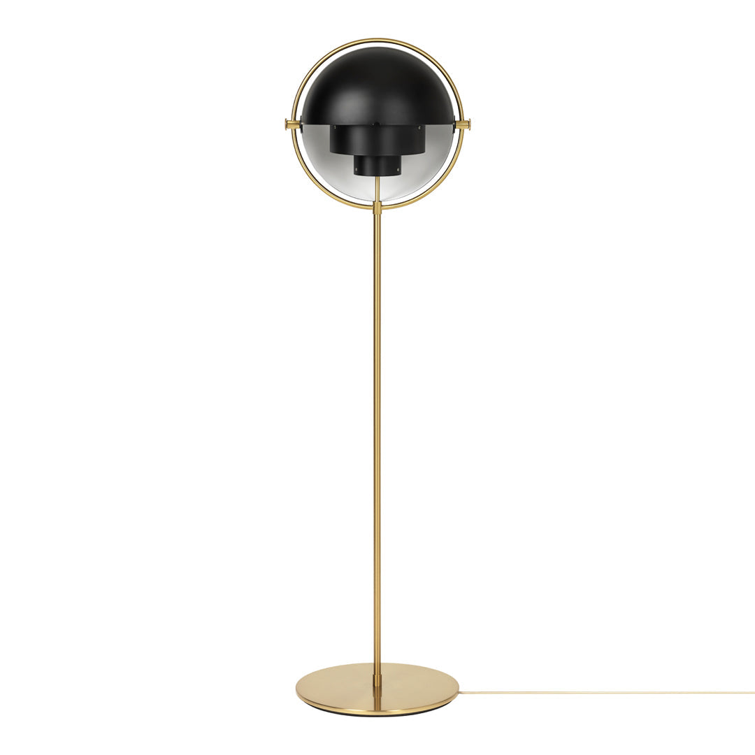 Modern floor lamp with a black globe shade and elegant gold base, featuring clean lines and contemporary design.