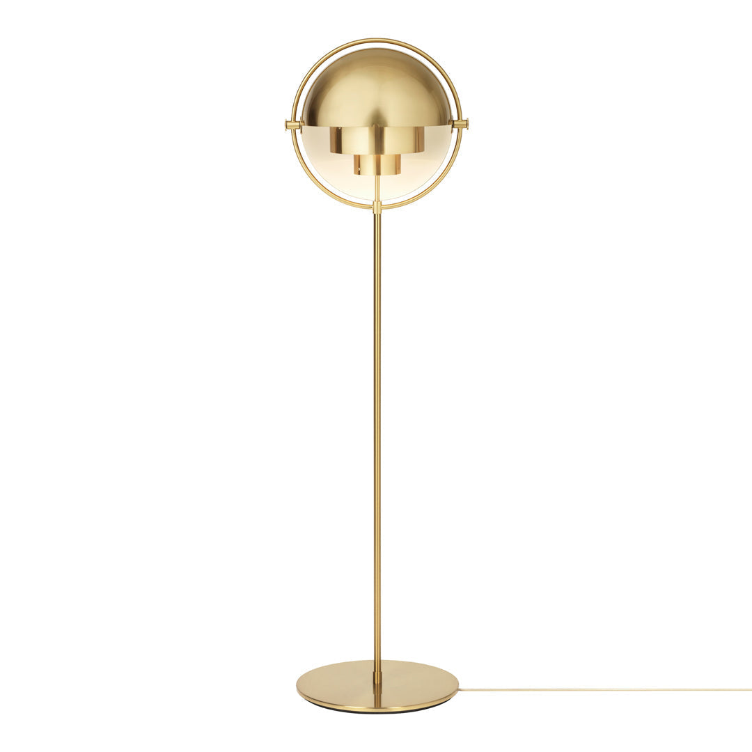 Gold metallic floor lamp with a sleek, modern design and a round shade, featuring a smooth, reflective surface.