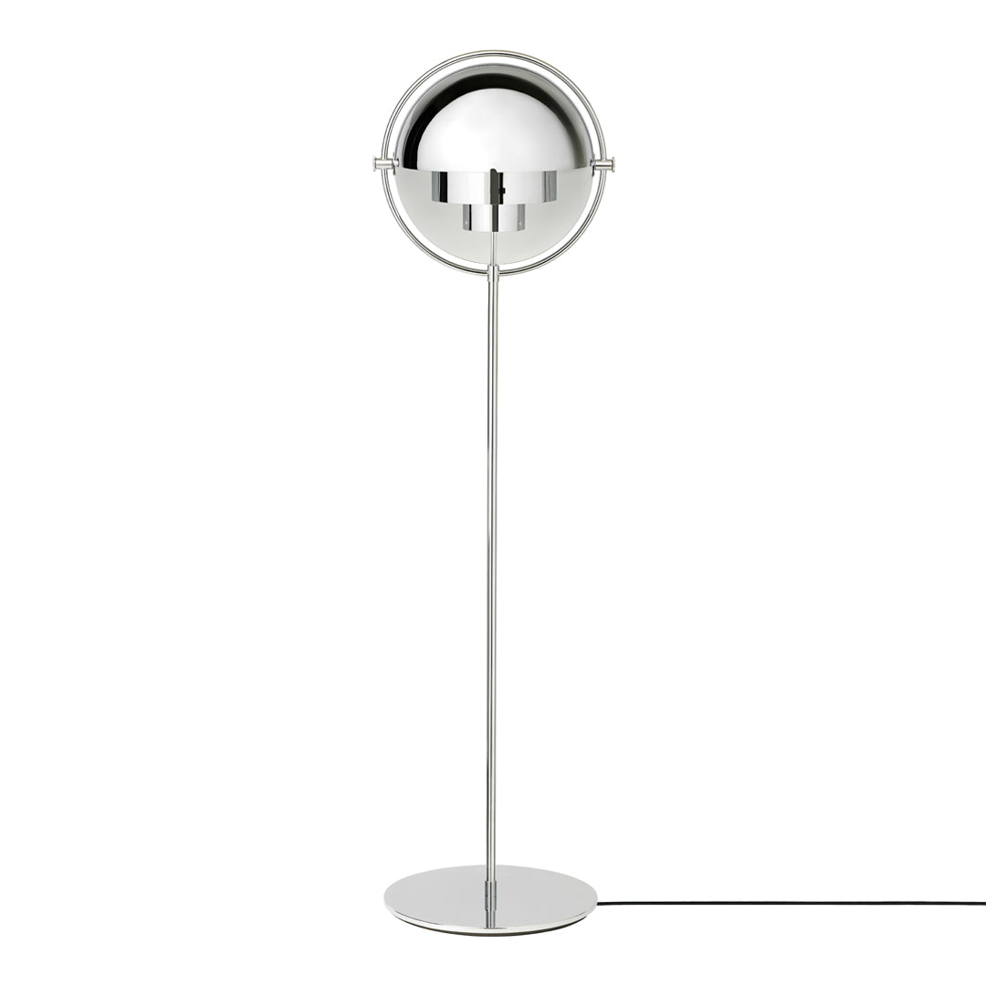 Sleek silver floor lamp with a round metallic shade and minimalist design. Perfect for modern decor.