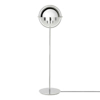 Sleek silver floor lamp with a round metallic shade and minimalist design. Perfect for modern decor.