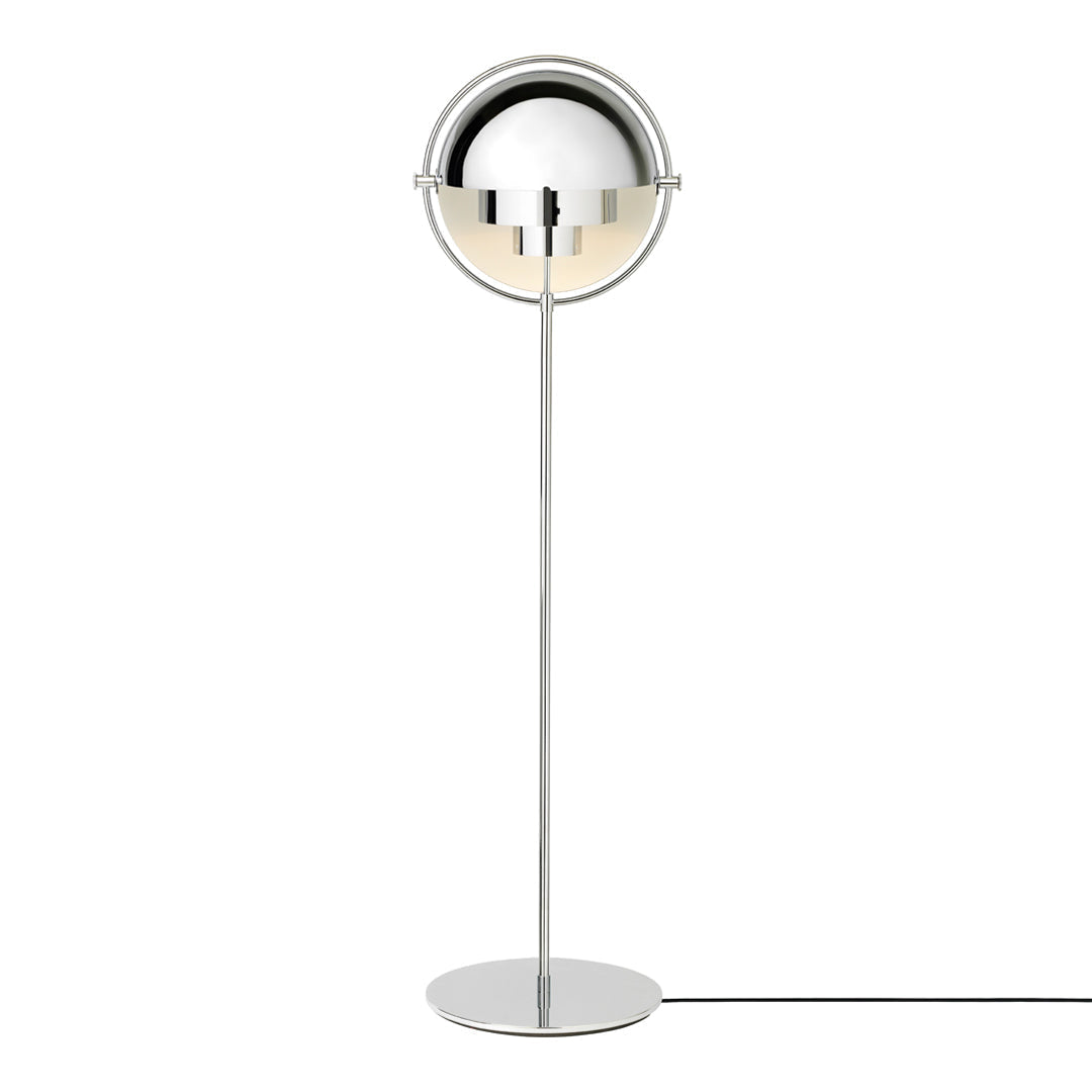 Silver and chrome floor lamp with a glossy spherical shade and sleek, modern design. Ideal for contemporary decor.