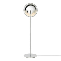 Silver and chrome floor lamp with a glossy spherical shade and sleek, modern design. Ideal for contemporary decor.