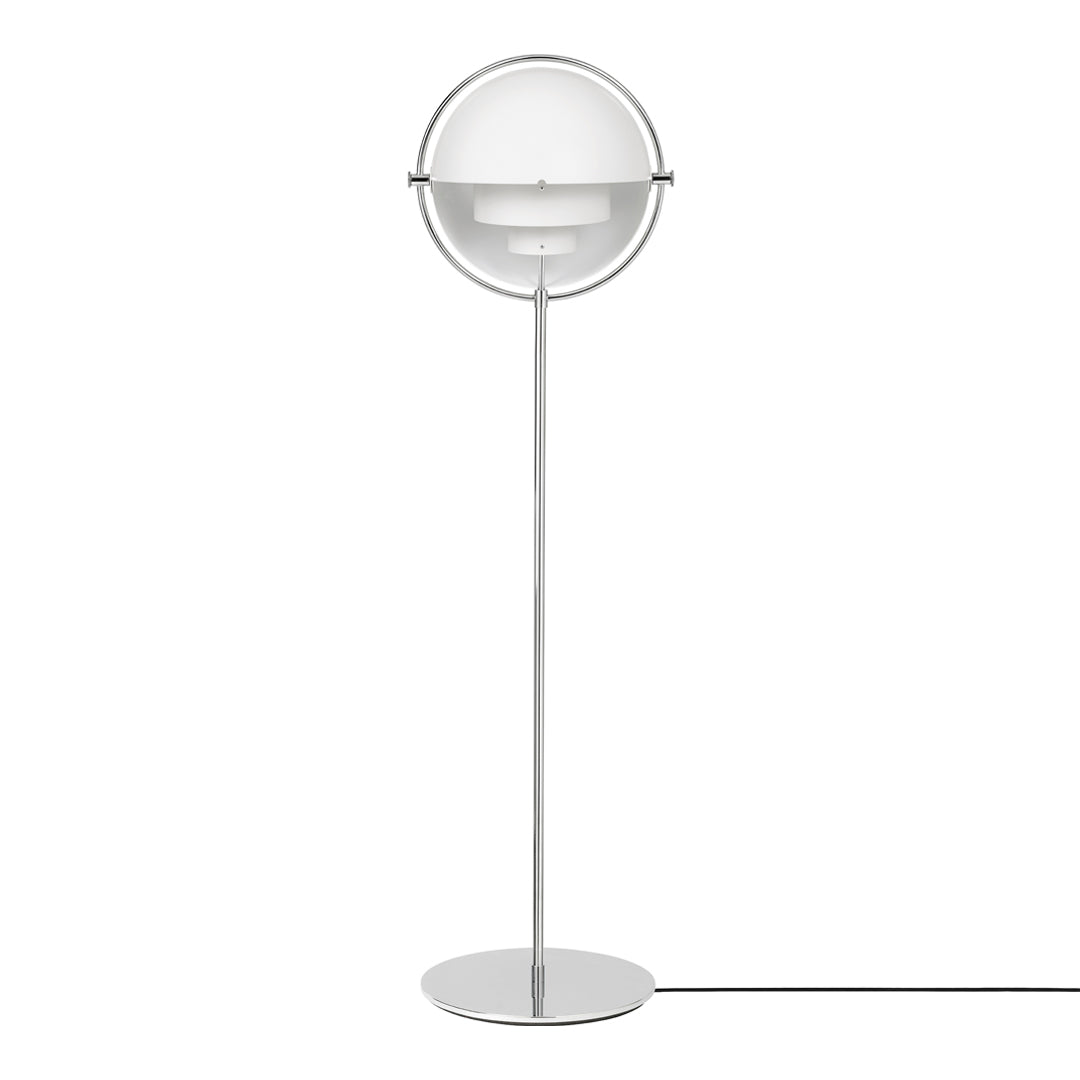 Modern white floor lamp with a sleek silver base and circular glass shade, featuring clean lines and minimalistic design.