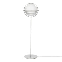 Modern white floor lamp with a sleek silver base and circular glass shade, featuring clean lines and minimalistic design.
