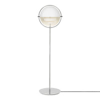 Modern floor lamp featuring a sleek silver base and a round, translucent white shade for a minimalist look.