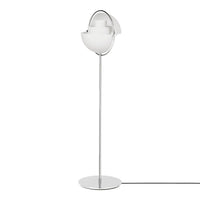 Modern white floor lamp with sleek chrome accents and a minimalist design. Perfect for contemporary decor.