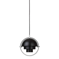 Black pendant lamp with a sleek chrome ring, featuring a modern minimalistic design. Perfect for contemporary spaces.