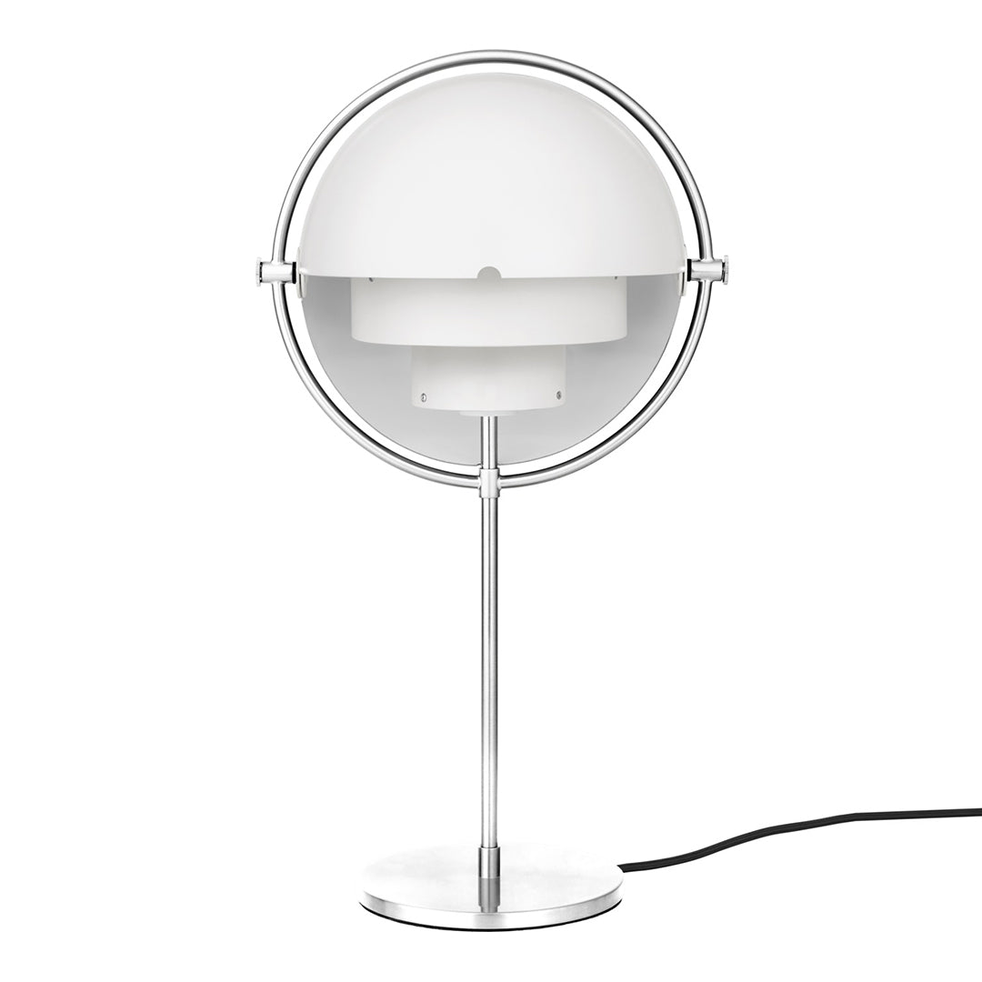 Sleek silver lamp with a round white shade, featuring a minimalist design and smooth, modern lines.