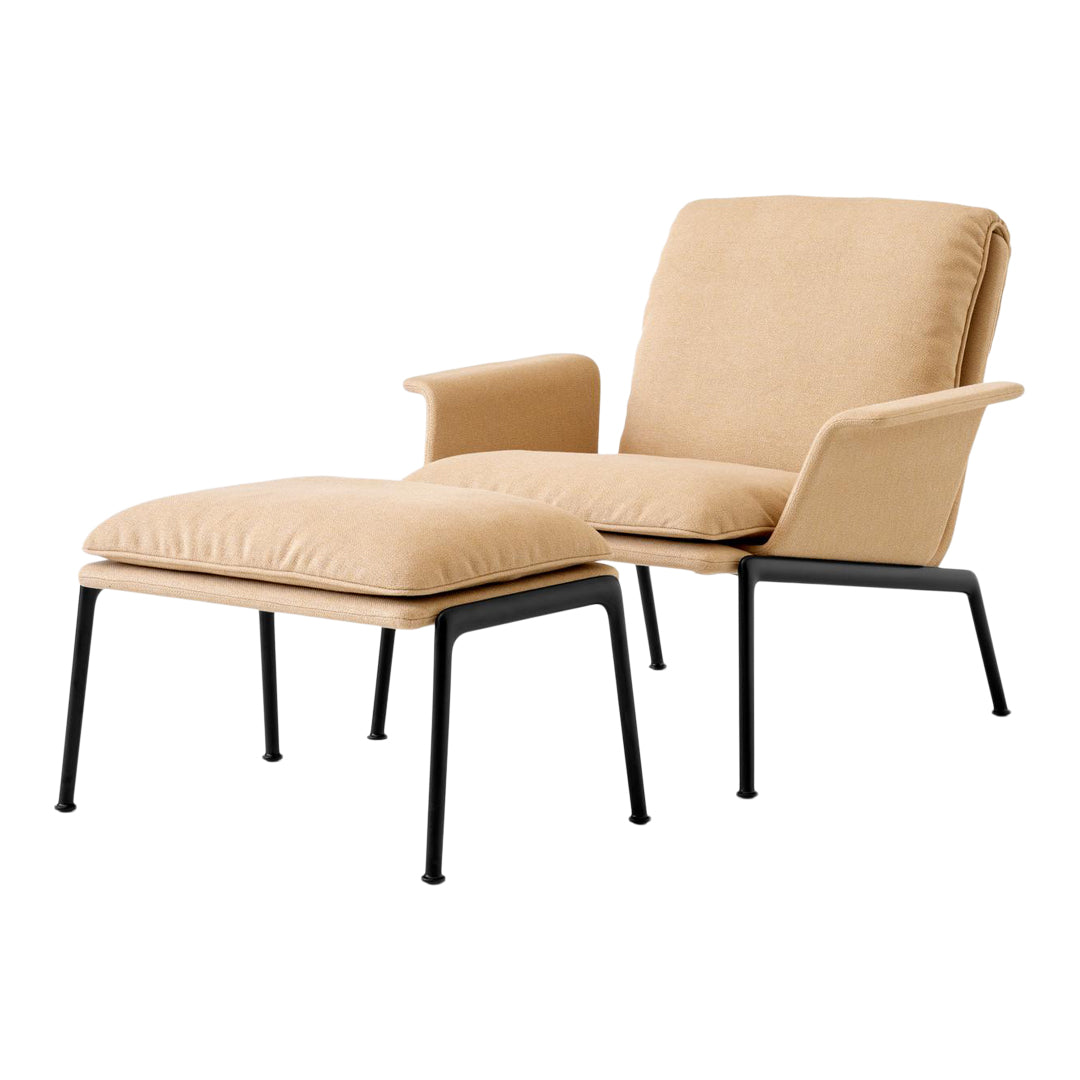 Beige upholstered chair and ottoman with sleek black metal legs, offering a modern and minimalist design.