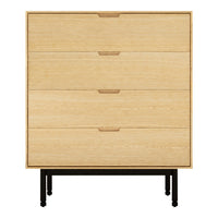 Natural wood grain dresser with four drawers, featuring a minimalist design and black metal legs.