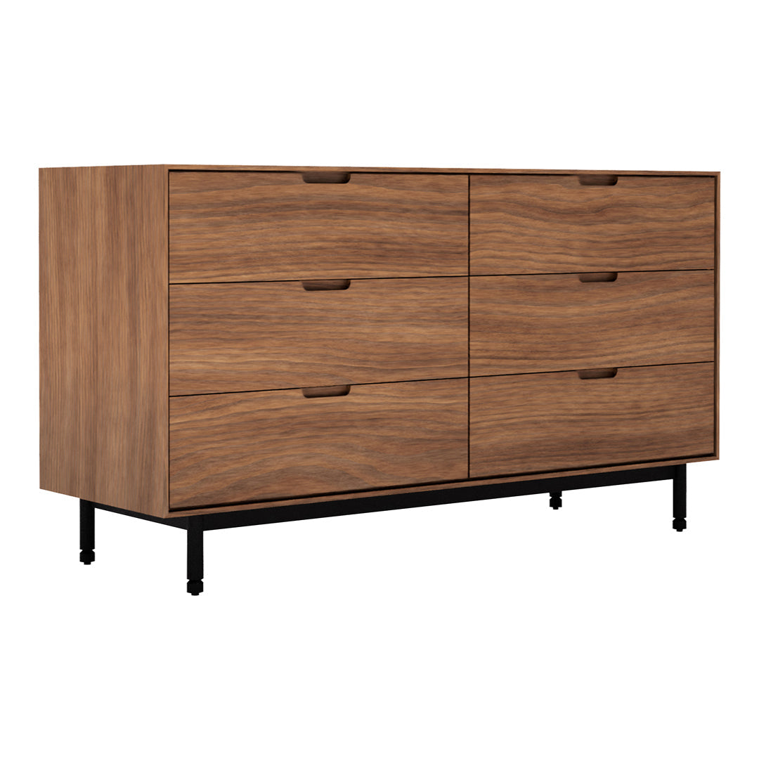 Wooden dresser in warm brown tones with sleek black metal legs; minimalist design and smooth finish.