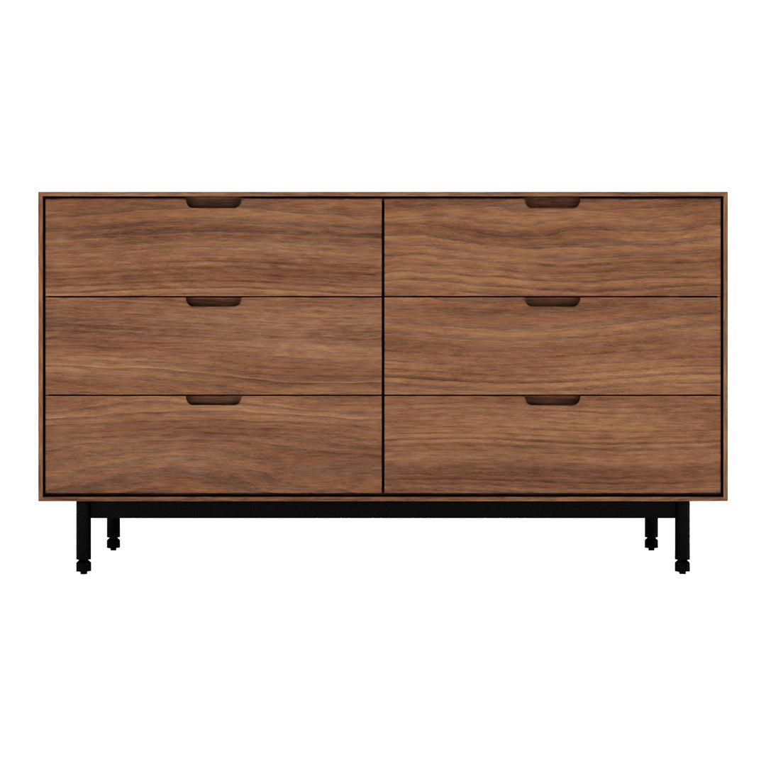 Brown wooden dresser with a sleek design, featuring six smooth drawers and black metal legs.