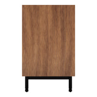Wooden cabinet with rich brown wood grain pattern and sleek black metal legs. Ideal for modern home decor.