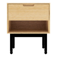 Light oak nightstand with a smooth, minimalist design and sleek black legs, combining wood and modern aesthetics.