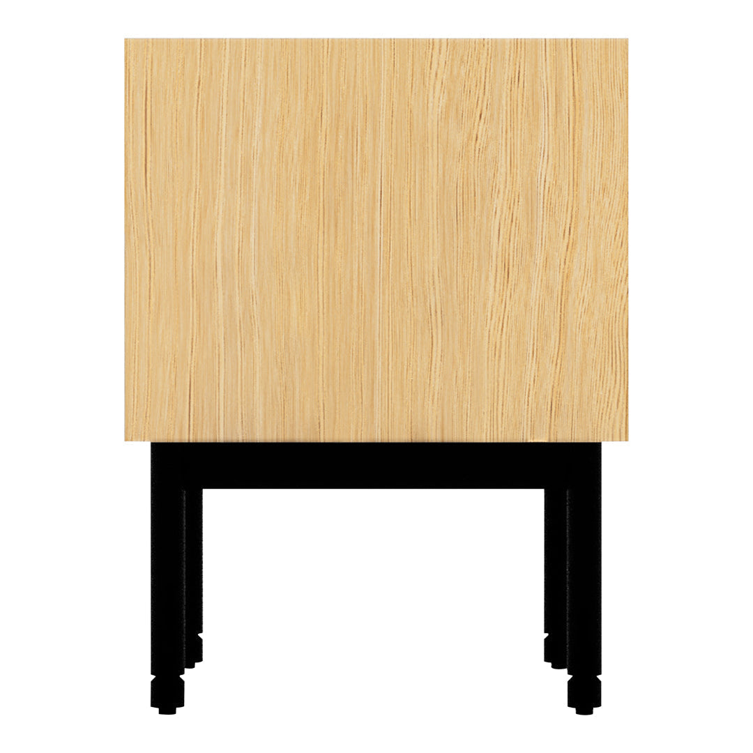 Natural wood grain finish with a light beige hue on top, complemented by sleek black legs for a modern contrast.