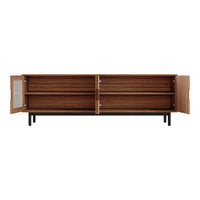 Wooden TV console in rich brown finish with sleek black metal legs, featuring simple lines and minimalistic design.