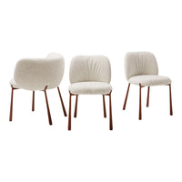 "Set of four cream upholstered chairs with smooth, rounded backs and contrasting wooden legs."