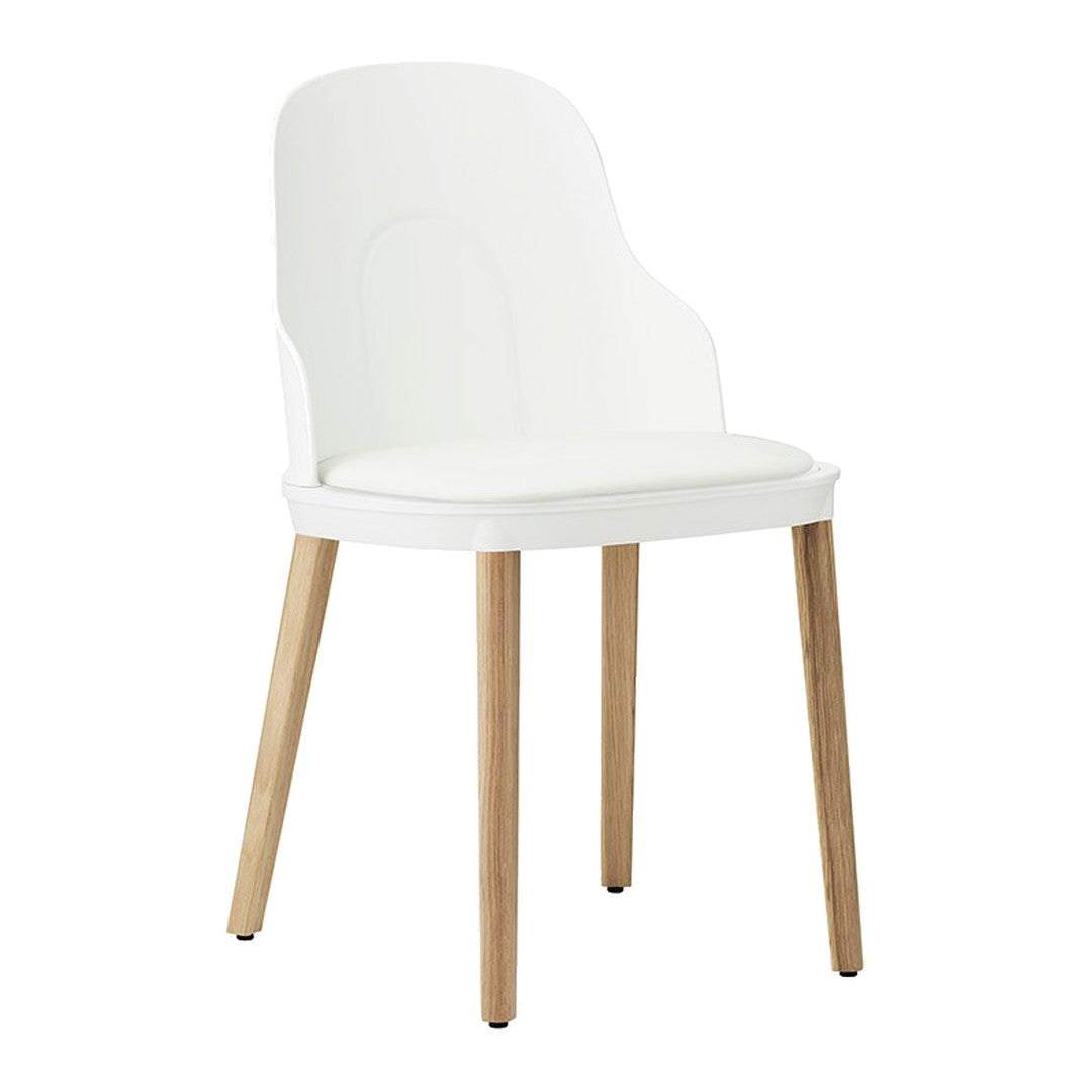 Stylish white chair with natural wood legs, featuring a smooth, minimalist design perfect for modern decor.