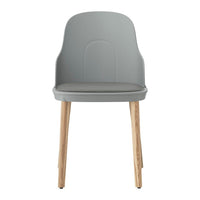 Modern gray chair with sleek lines and natural wood legs, perfect for contemporary decor.