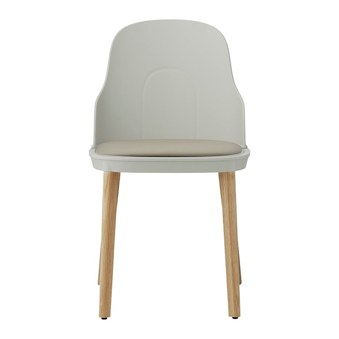 Light gray modern chair with beige seat and natural wooden legs, featuring a sleek, minimalist design.