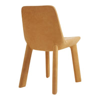 "Back view of a soft, tan fabric chair featuring a minimalist design with smooth, rounded edges."