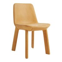 Tan leather dining chair with simple, smooth design and solid wooden legs for a modern aesthetic.