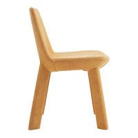 Side view of a minimalistic chair in warm mustard yellow with a smooth, clean surface and geometric design.