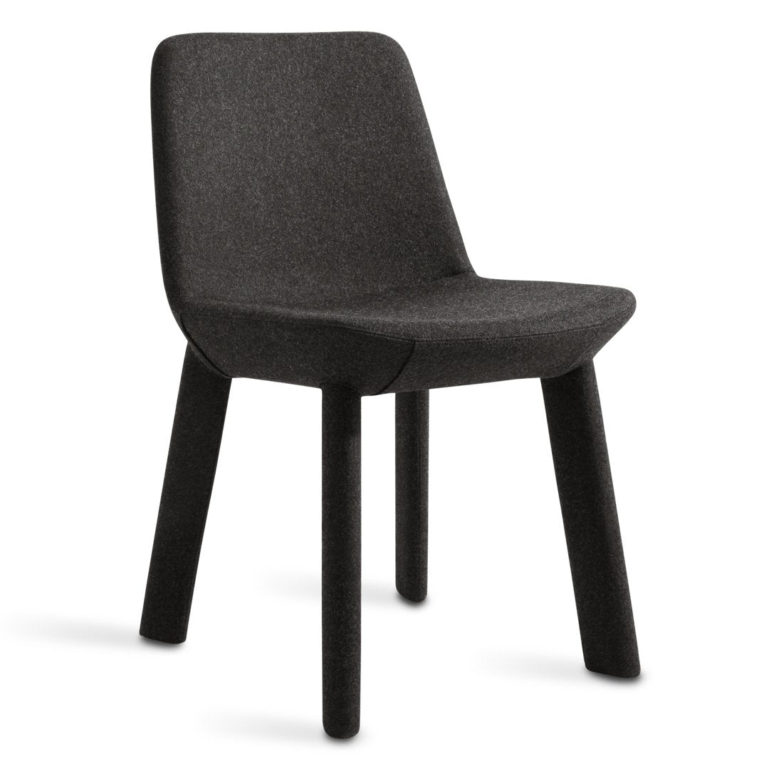 Stylish black upholstered chair with a minimalist design and smooth, curved edges. Ideal for modern decor.