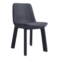 Sleek black upholstered chair with smooth, minimalist design and subtle texture. Ideal for modern spaces.