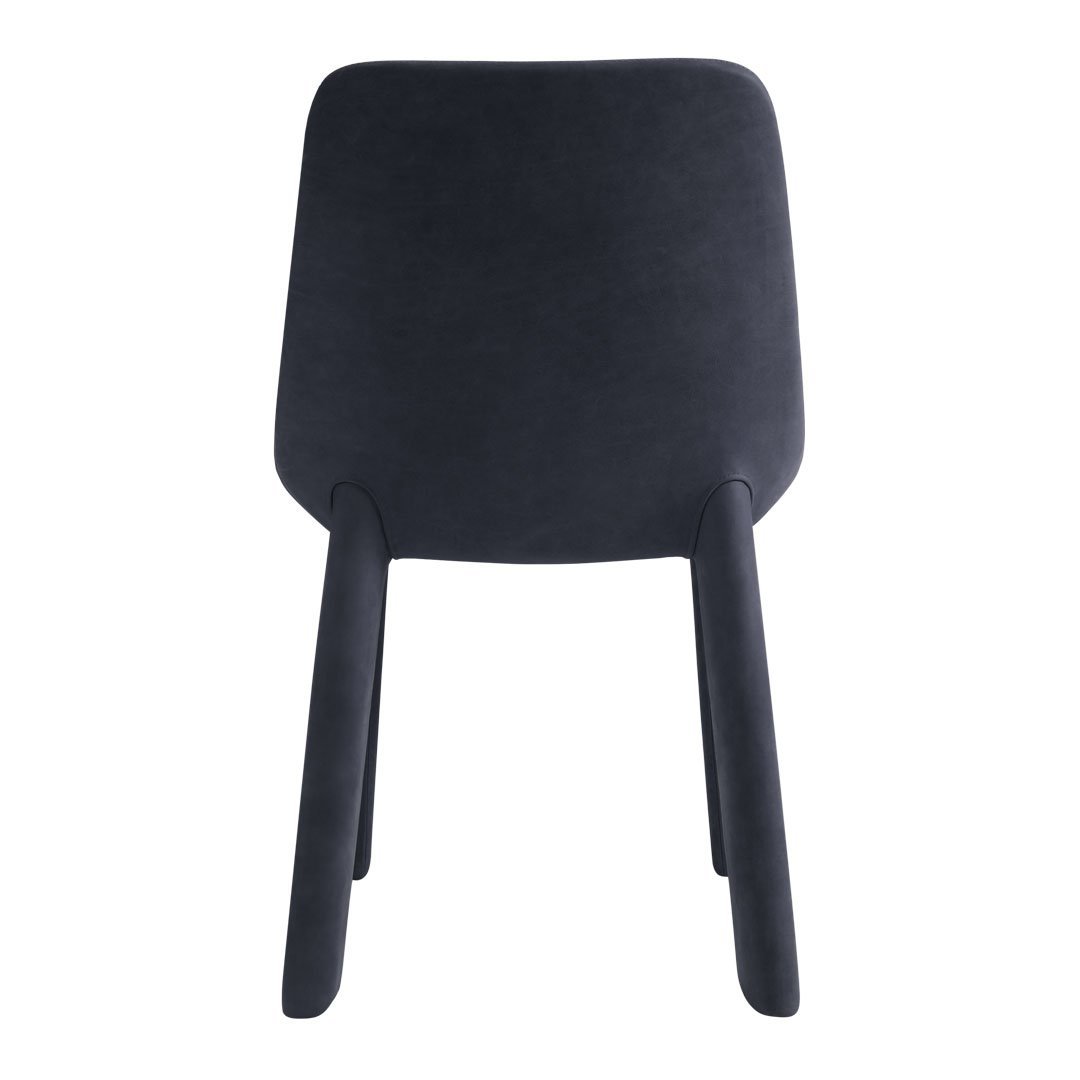 "Solid black upholstered chair with smooth texture and simple, modern design."