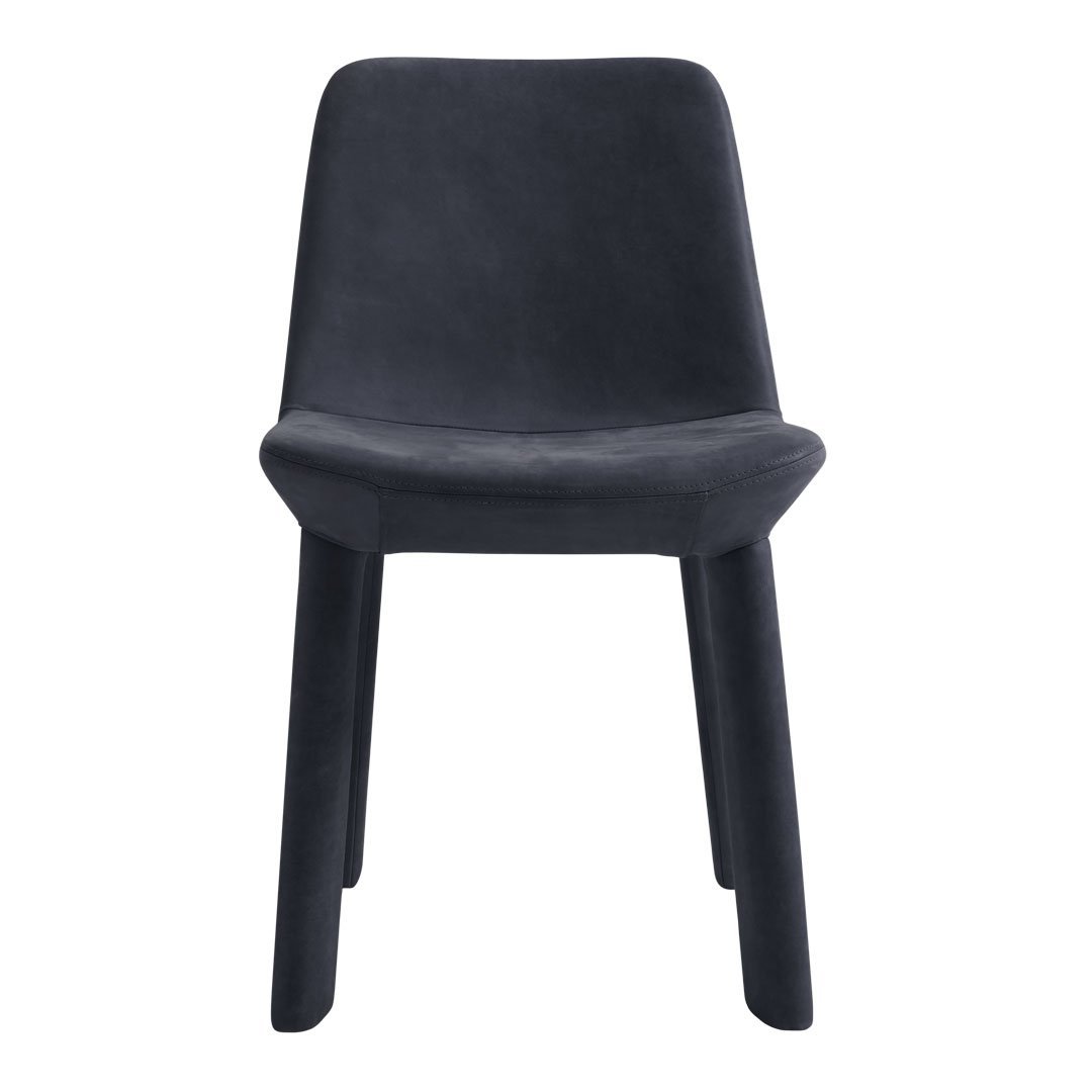 Black upholstered chair with a sleek, minimalist design and smooth, matte finish.