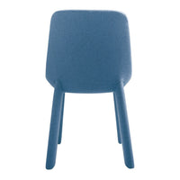 Minimalist blue upholstered chair with a smooth texture and simple, modern design.