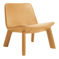 Light tan chair with a smooth, minimalist design and rounded edges, featuring solid wood legs.