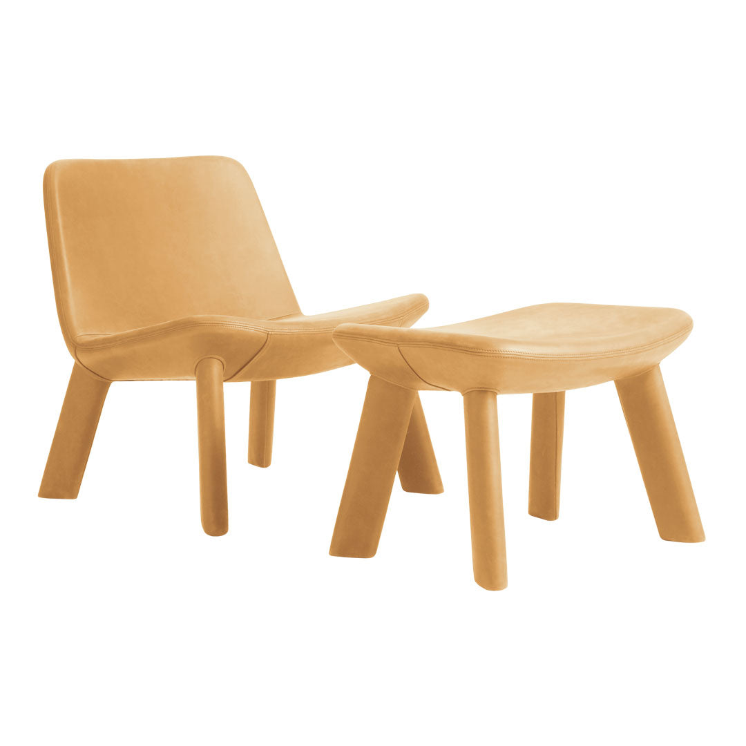 "Mustard yellow lounge chair and ottoman set with smooth, modern design and simple lines. Perfect for contemporary decor."