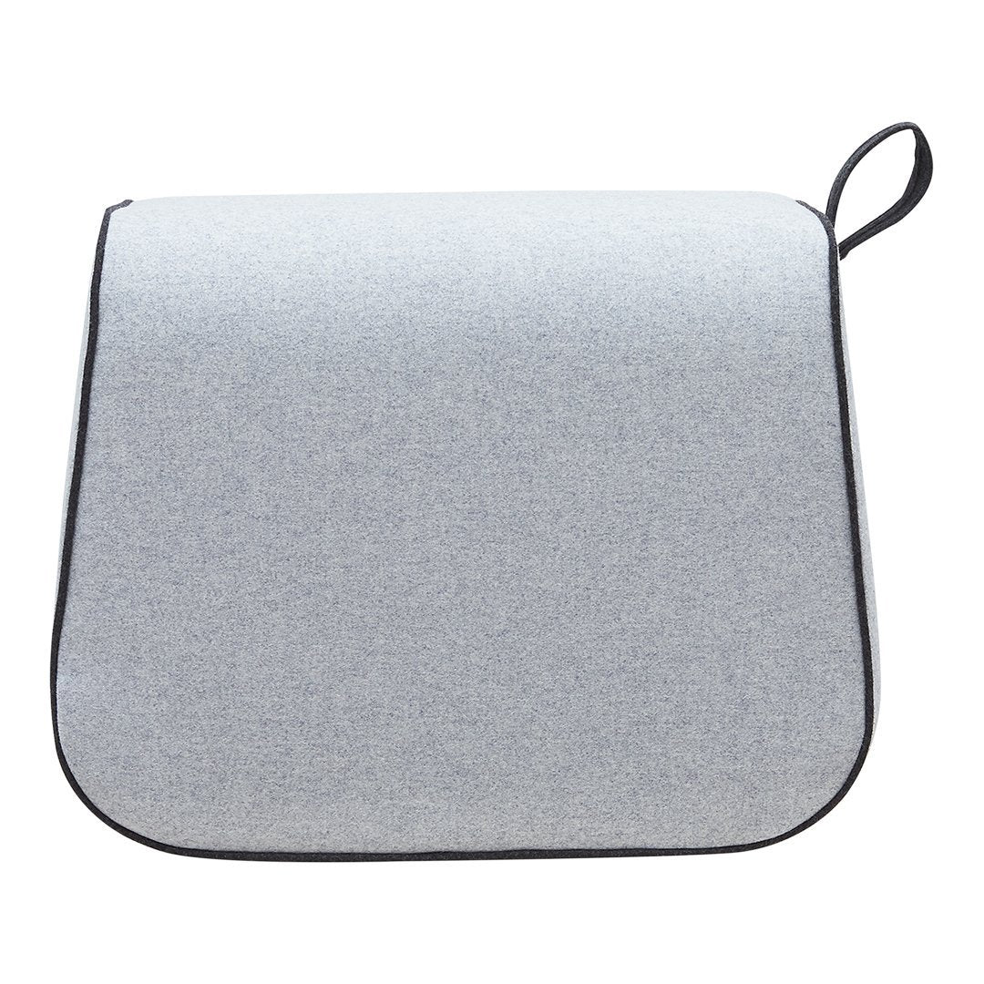 Gray textured fabric seat cushion with black trim and a convenient handle. Perfect for comfort and style.
