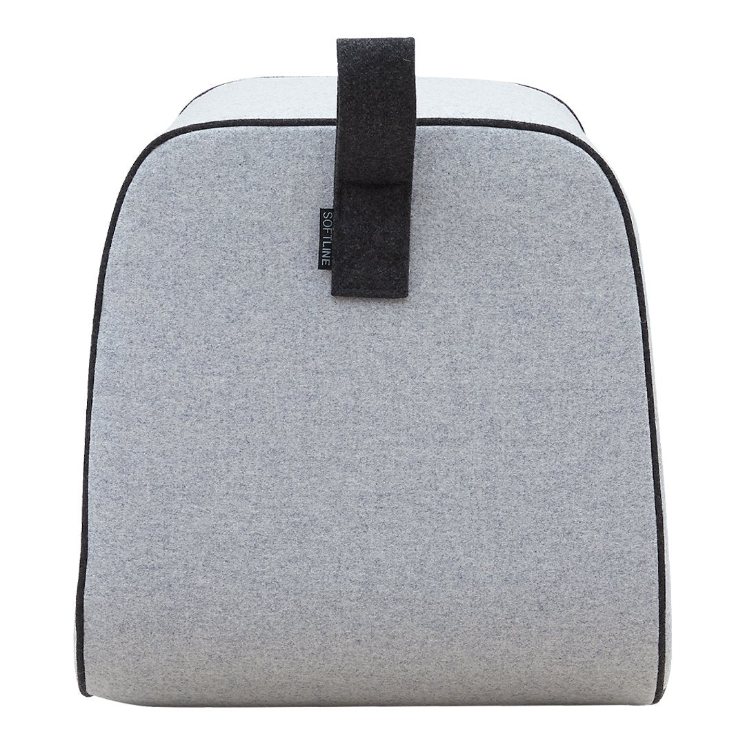 Gray fabric bag with a smooth texture and black trim, showcasing a minimalist design.