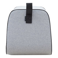 Gray fabric bag with a smooth texture and black trim, showcasing a minimalist design.