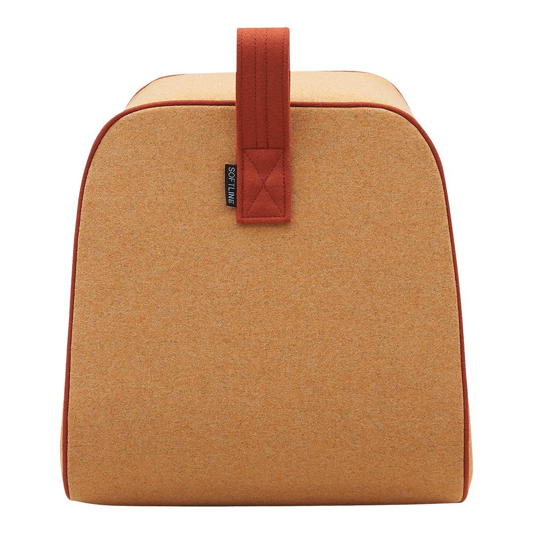 Orange and tan bag with a smooth texture and contrasting brown handle, featuring a minimalist design.