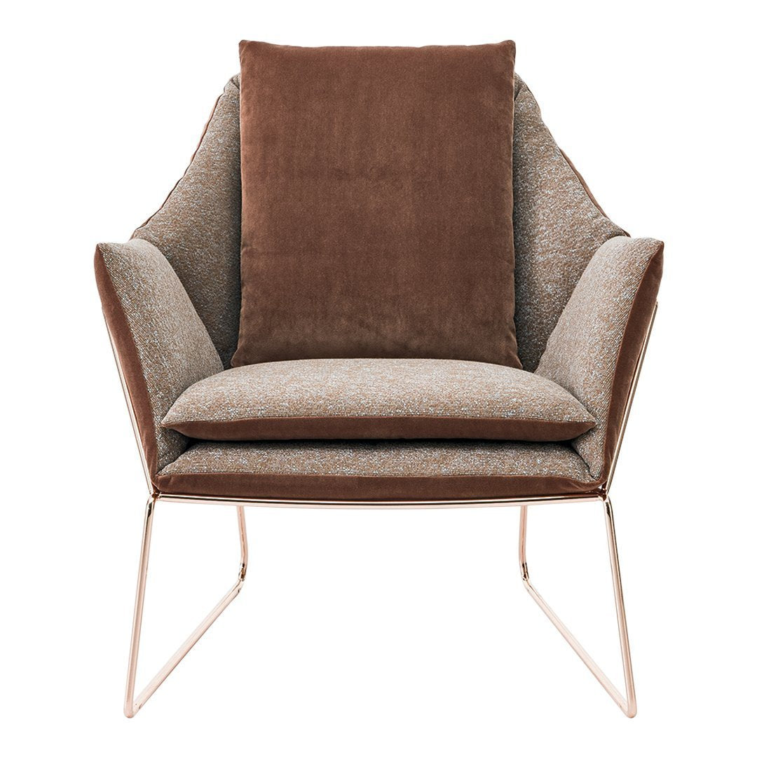Brown and beige armchair with a textured fabric and a plush cushion, showcasing modern design and sleek metal legs.