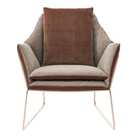 Brown and beige armchair with a textured fabric and a plush cushion, showcasing modern design and sleek metal legs.