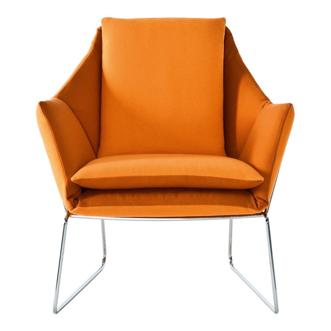 Bright orange upholstered chair with sleek chrome legs, featuring a modern and minimalist design.