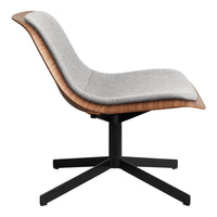 Gray fabric chair with a sleek wood finish and a black metal base, featuring a smooth, contemporary design.