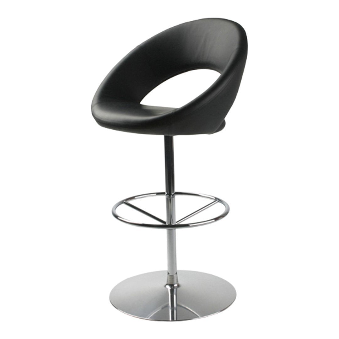 Black modern bar stool with a sleek curved design and chrome base, perfect for contemporary spaces.