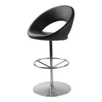 Black modern bar stool with a sleek curved design and chrome base, perfect for contemporary spaces.