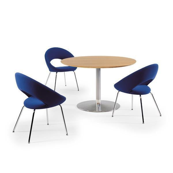 Modern blue chairs with curved backs around a circular wooden table, featuring a sleek silver base.