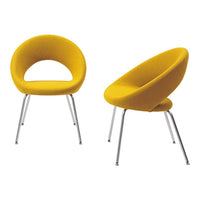 Bright yellow upholstered chair with a sleek, modern design and shiny silver legs. Perfect for contemporary decor.