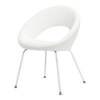 White curved chair with a sleek metallic base, perfect for modern decor and minimalist aesthetics.