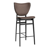 Brown upholstered bar stool with a sleek black metal frame, featuring a minimalist design and smooth curves.